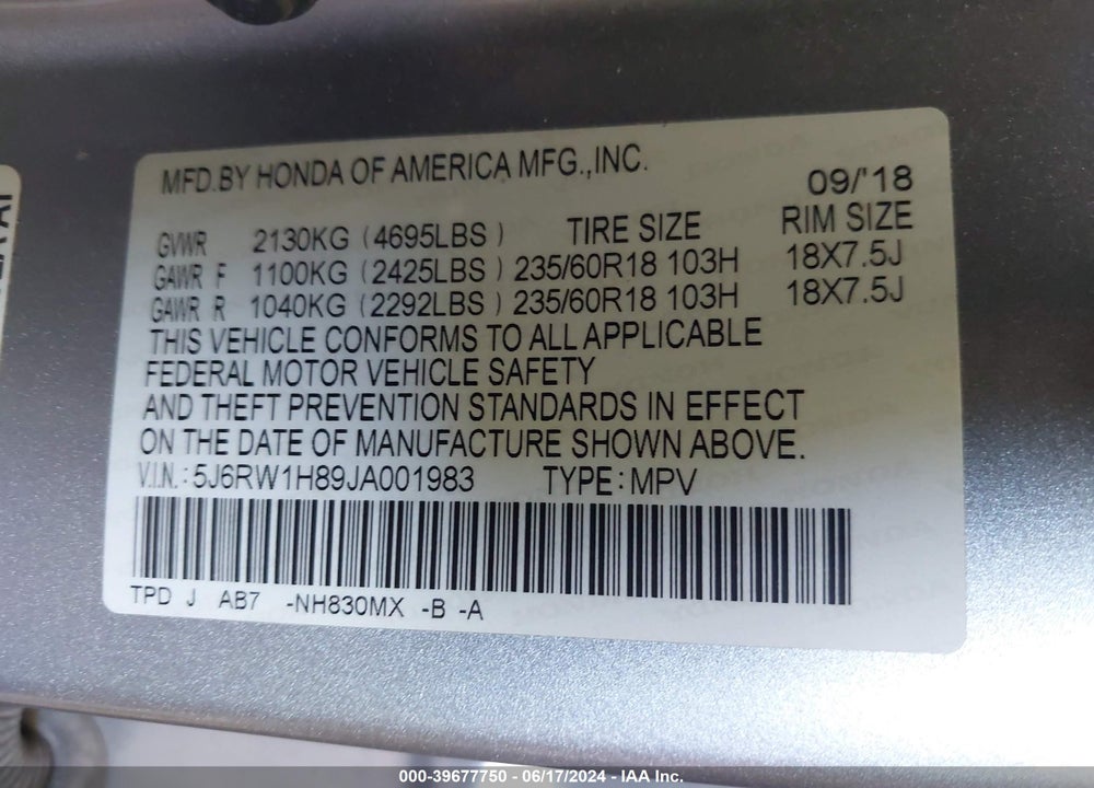 2018 HONDA CR-V VIN: 5J6RW1H89JA001983
