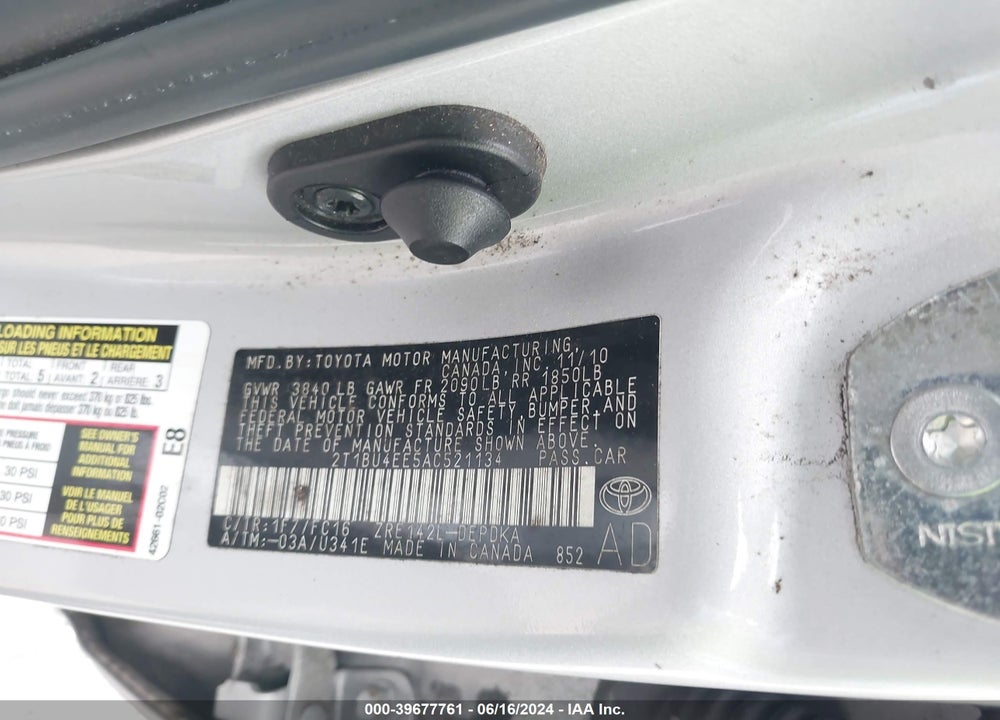 2010 TOYOTA COROLLA LE VIN: 2T1BU4EE5AC521134