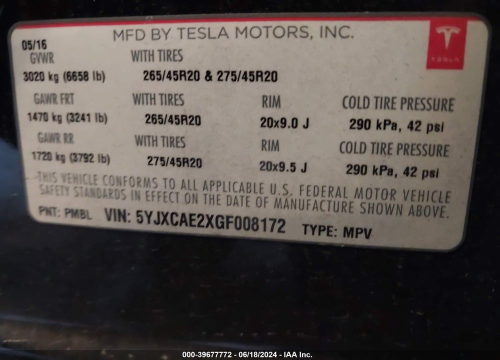 2016 TESLA MODEL X 60D/70D/75D/90D VIN: 5YJXCAE2XGF008172