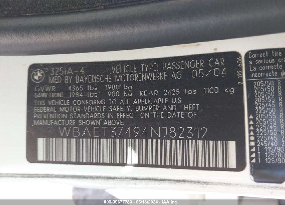 2004 BMW 325I VIN: WBAET37494NJ82312