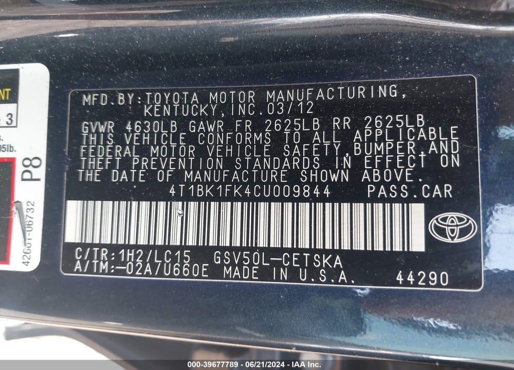 2012 TOYOTA CAMRY SE V6 VIN: 4T1BK1FK4CU009844