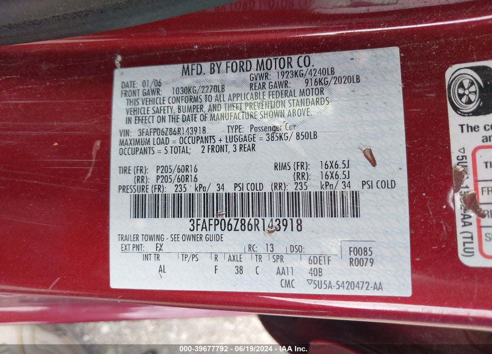 2006 FORD FUSION S VIN: 3FAFP06Z86R143918