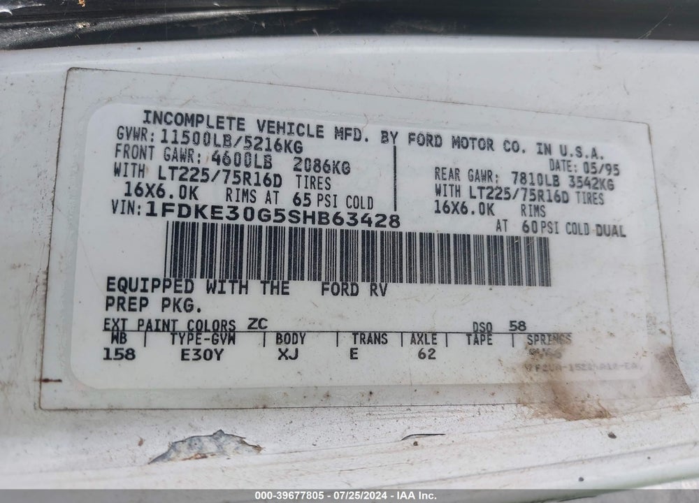 1995 FORD ECONOLINE VIN: 1FDKE30G5SHB63428