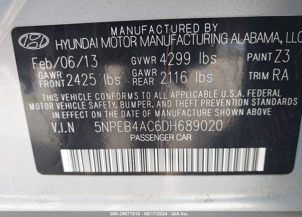 2013 HYUNDAI SONATA GLS VIN: 5NPEB4AC6DH689020