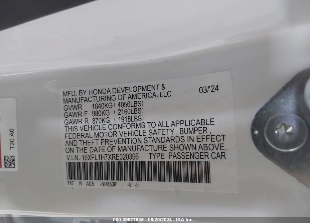 2024 HONDA CIVIC EX-L VIN: 19XFL1H7XRE020396