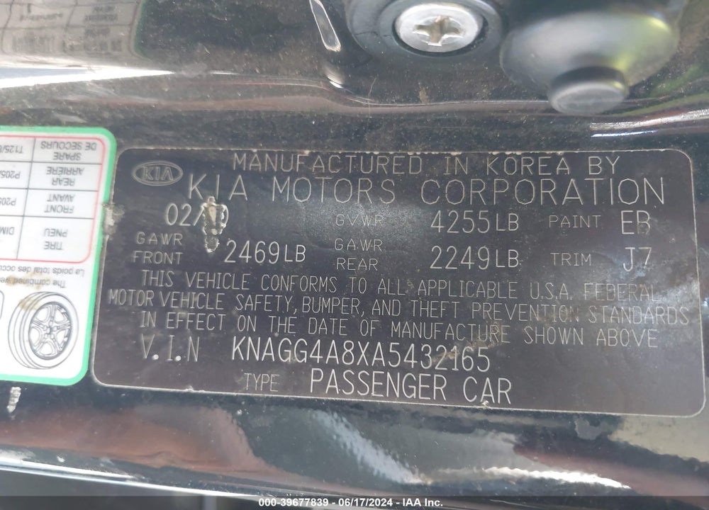 2010 KIA OPTIMA LX VIN: KNAGG4A8XA5432165