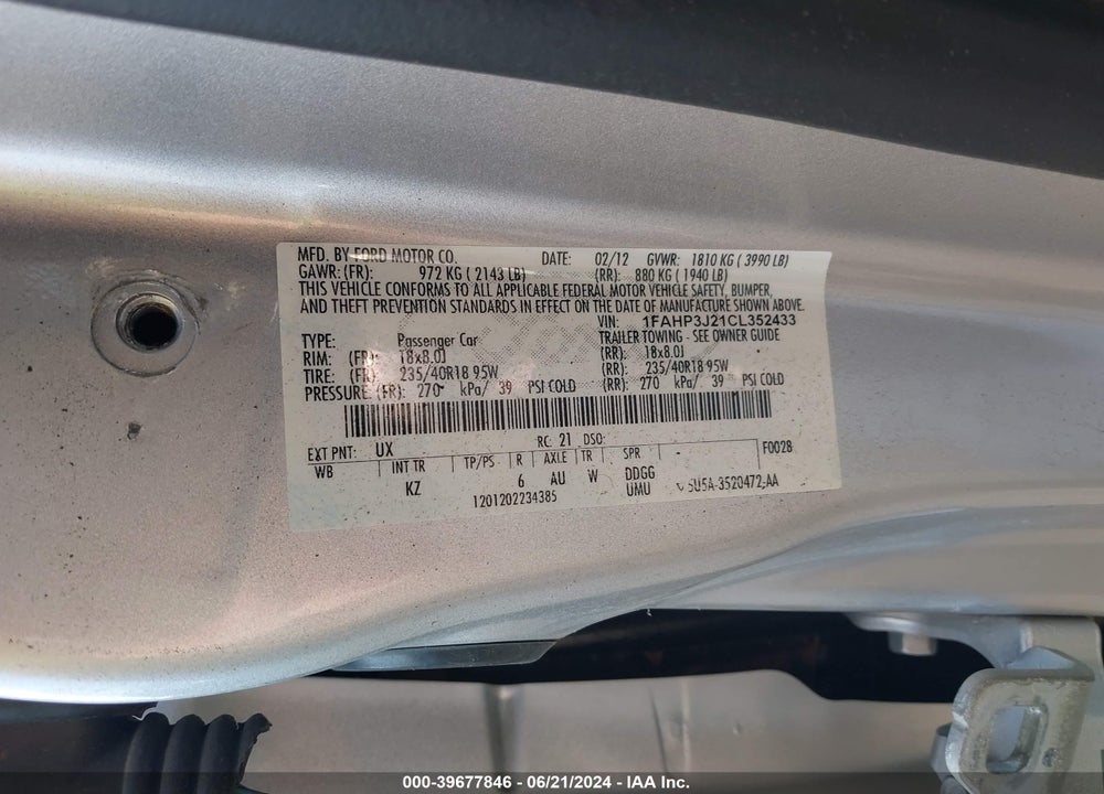 2012 FORD FOCUS VIN: 1FAHP3J21CL352433