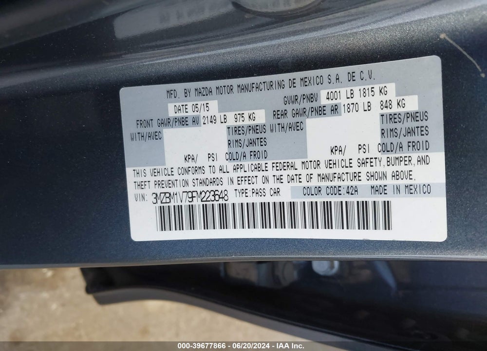2015 MAZDA 3 I TOURING VIN: 3MZBM1V79FM223648