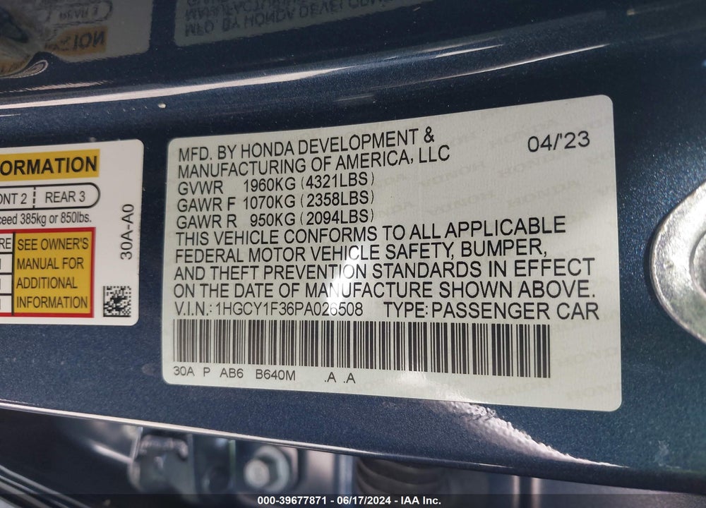 2023 HONDA ACCORD EX VIN: 1HGCY1F36PA026508