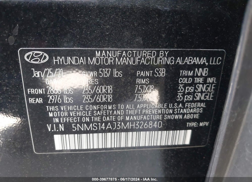 2021 HYUNDAI SANTA FE SE VIN: 5NMS14AJ3MH326840