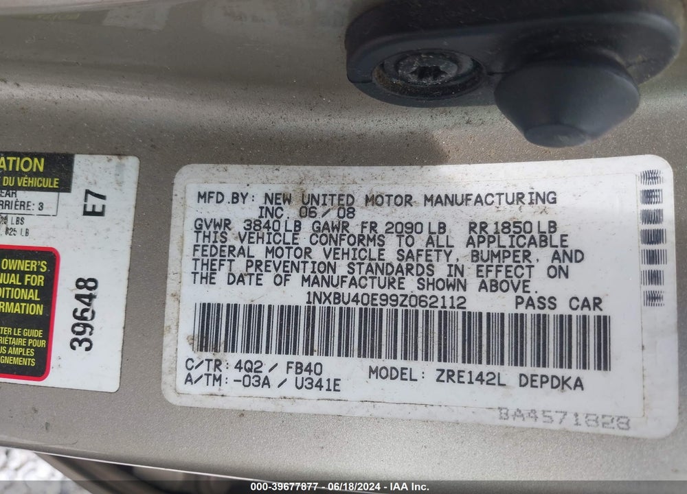 2009 TOYOTA COROLLA VIN: 1NXBU40E99Z062112