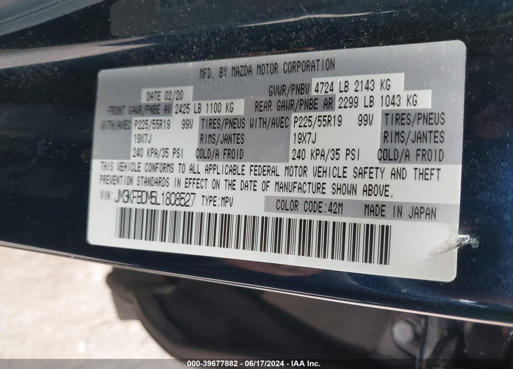 2020 MAZDA CX-5 GRAND TOURING VIN: JM3KFBDM5L1808527