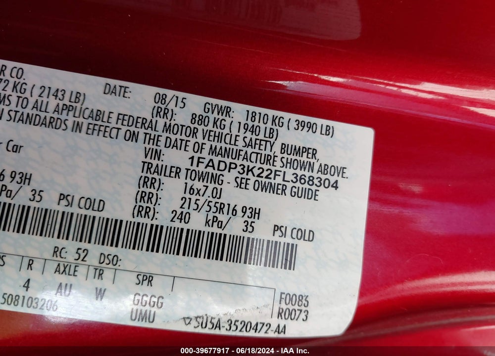 2015 FORD FOCUS SE VIN: 1FADP3K22FL368304