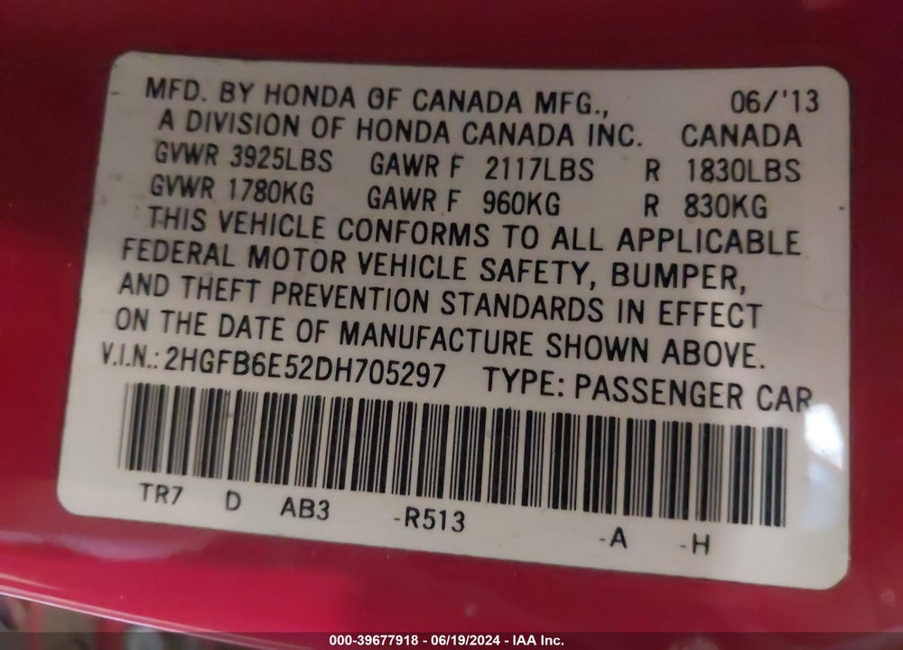 2013 HONDA CIVIC SI VIN: 2HGFB6E52DH705297