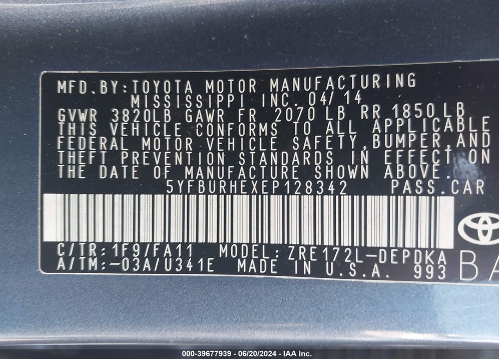 2014 TOYOTA COROLLA L VIN: 5YFBURHEXEP128342