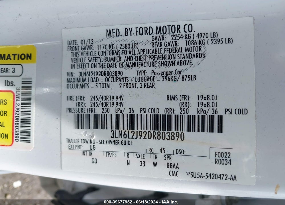 2013 LINCOLN MKZ VIN: 3LN6L2J92DR803890