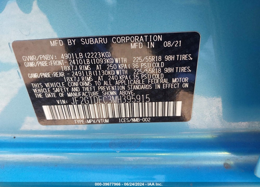 2021 SUBARU CROSSTREK HYBRID VIN: JF2GTDEC3MH395915