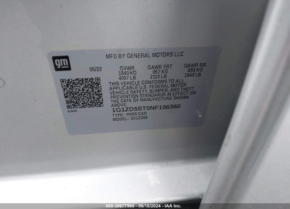2022 CHEVROLET MALIBU FWD LT VIN: 1G1ZD5ST0NF156360