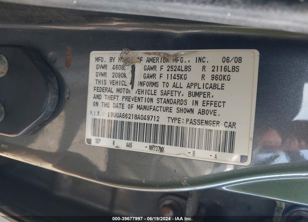 2008 ACURA TL 3.2 VIN: 19UUA66218A049712