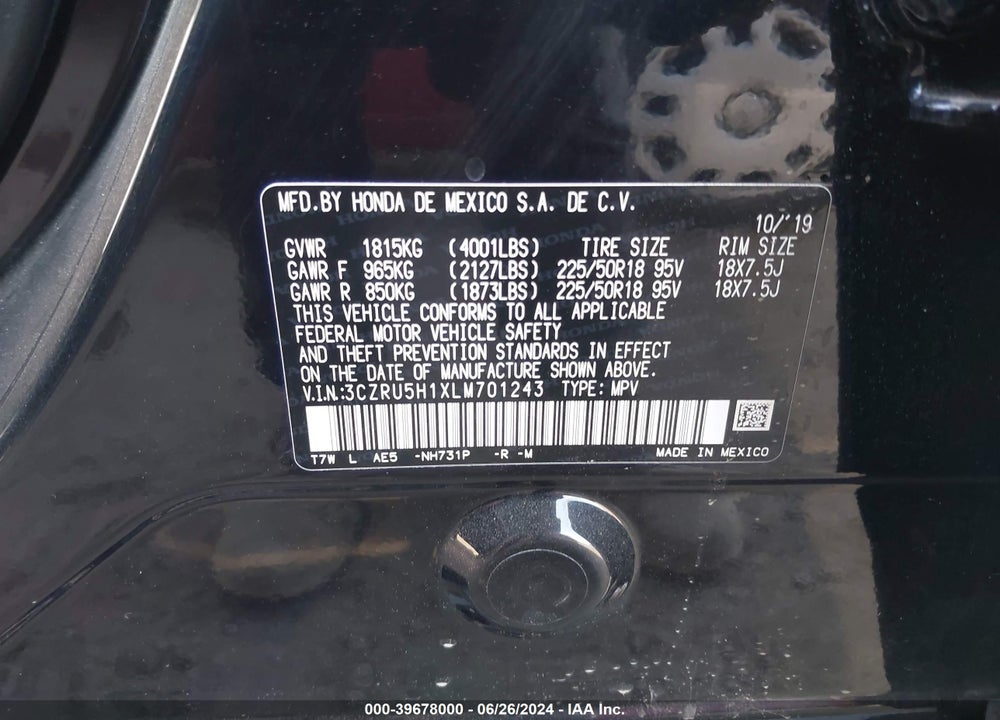 2020 HONDA HR-V 2WD SPORT VIN: 3CZRU5H1XLM701243