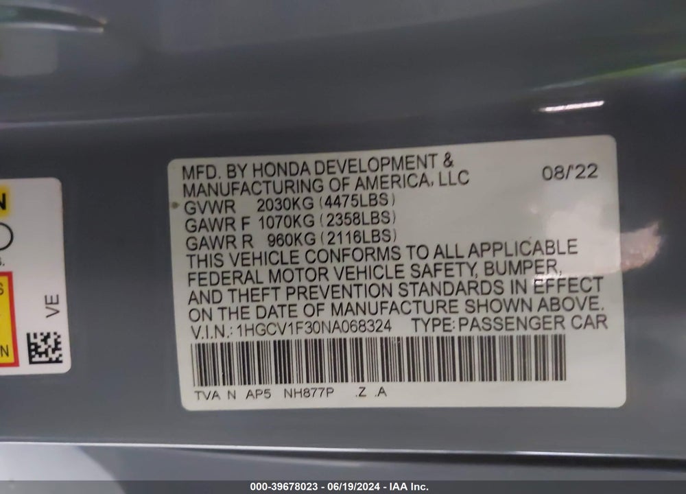 2022 HONDA ACCORD SPORT VIN: 1HGCV1F30NA068324