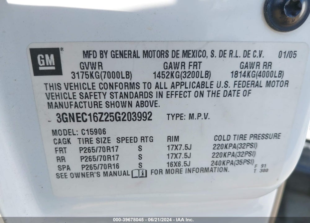 2005 CHEVROLET SUBURBAN 1500 LT VIN: 3GNEC16Z25G203992