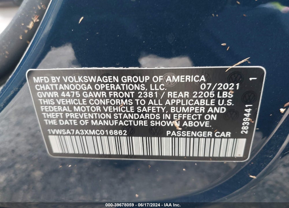 2021 VOLKSWAGEN PASSAT 2.0T SE VIN: 1VWSA7A3XMC016862