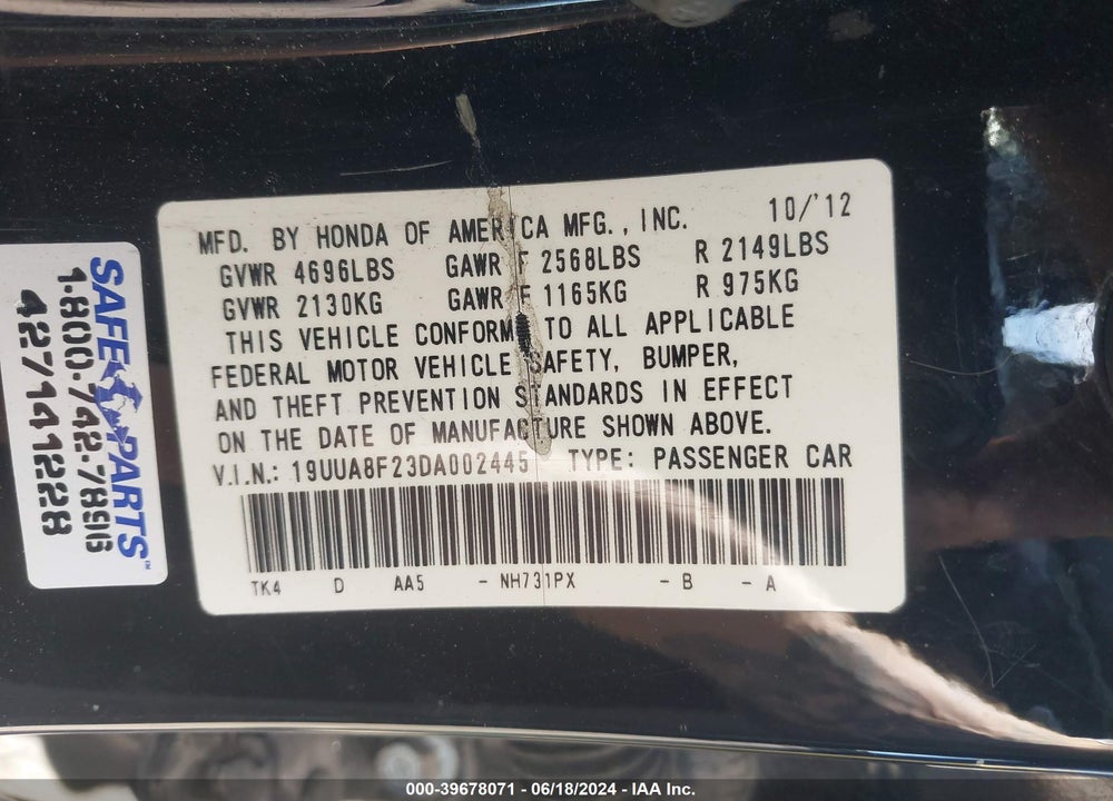 2013 ACURA TL 3.5 VIN: 19UUA8F23DA002445