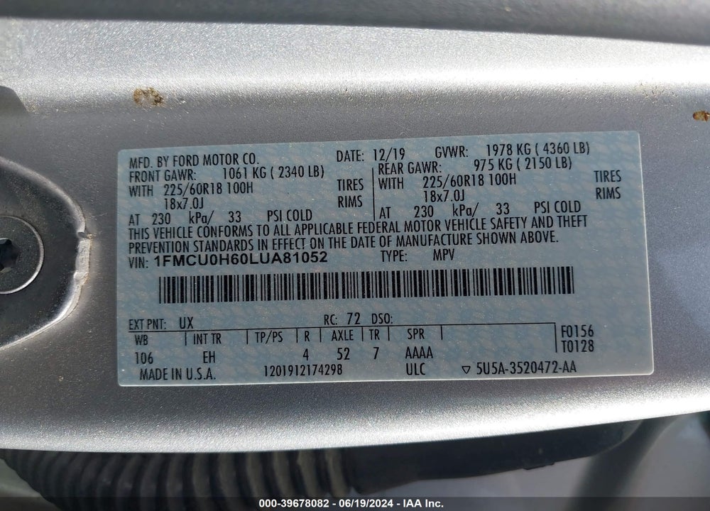 2020 FORD ESCAPE SEL VIN: 1FMCU0H60LUA81052