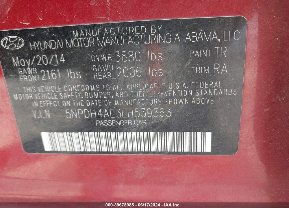 2014 HYUNDAI ELANTRA VIN: 5NPDH4AE3EH539363