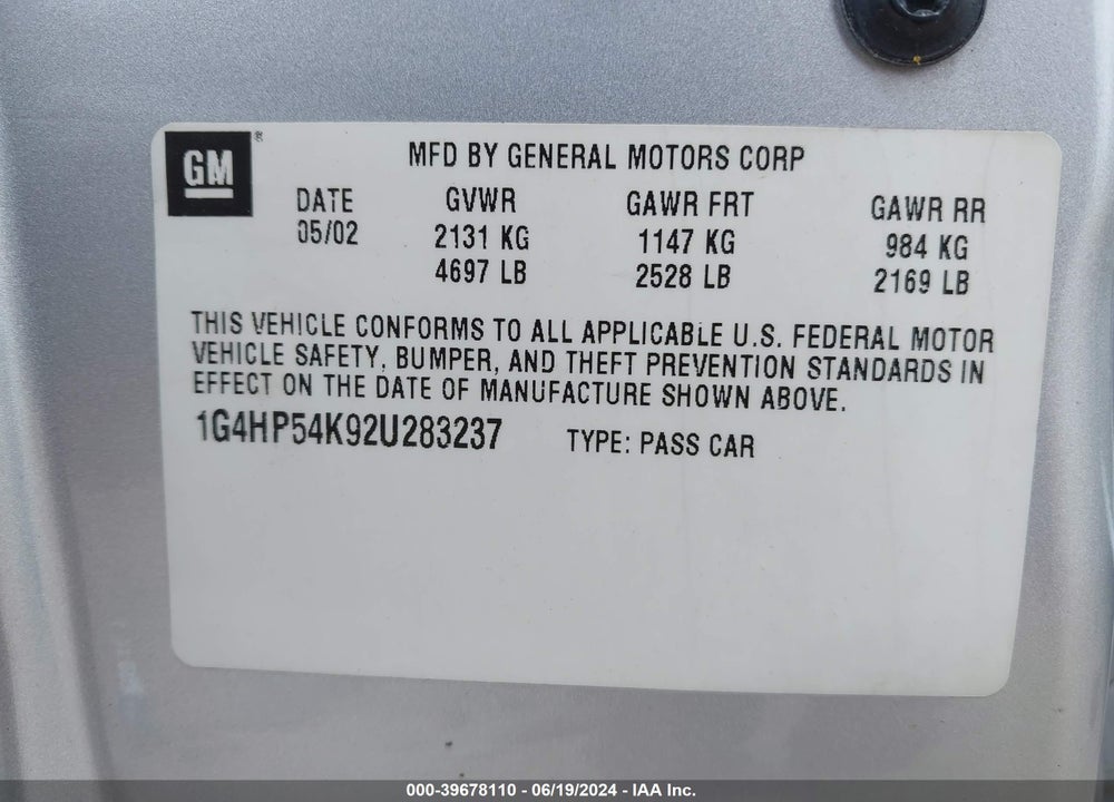 2002 BUICK LESABRE CUSTOM VIN: 1G4HP54K92U283237