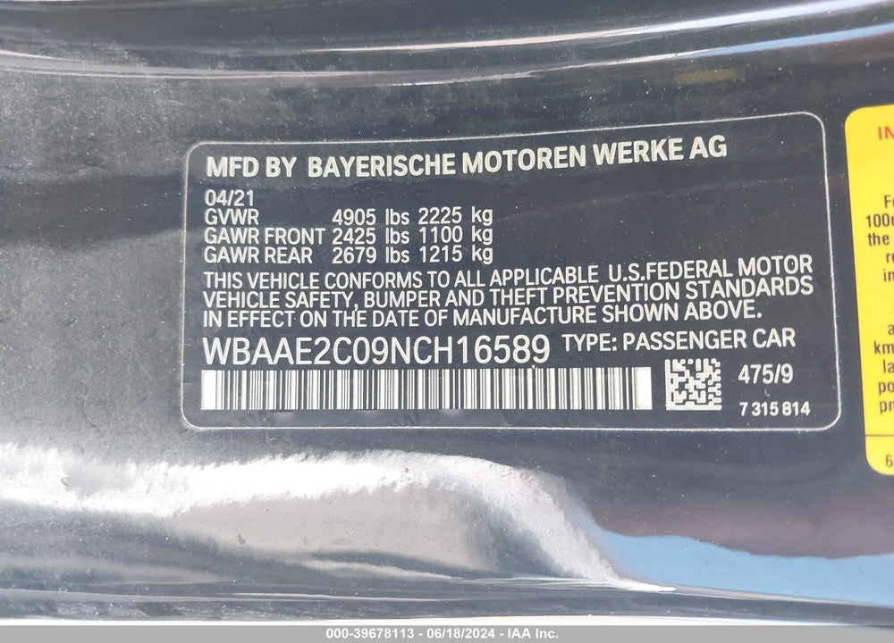 2022 BMW 840 I VIN: WBAAE2C09NCH16589