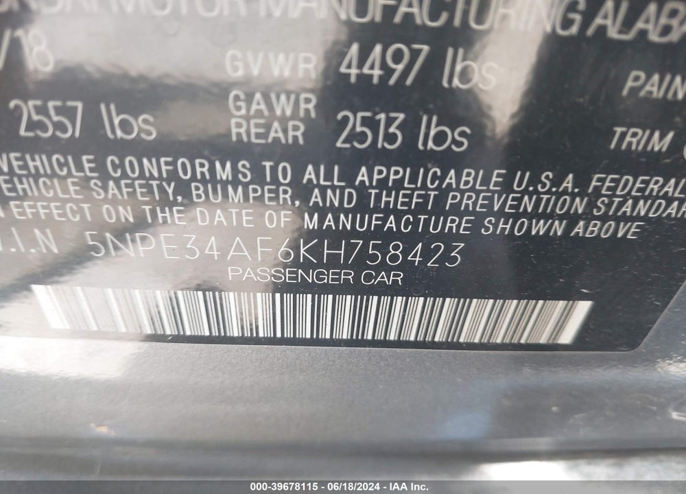 2019 HYUNDAI SONATA SEL VIN: 5NPE34AF6KH758423