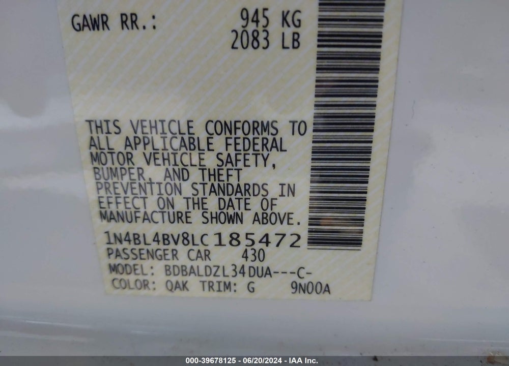 2020 NISSAN ALTIMA S FWD VIN: 1N4BL4BV8LC185472