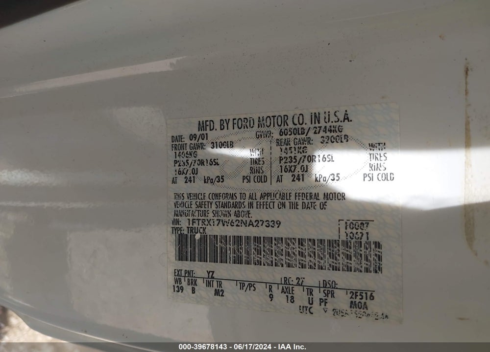 2002 FORD F-150 LARIAT/XL/XLT VIN: 1FTRX17W62NA27339