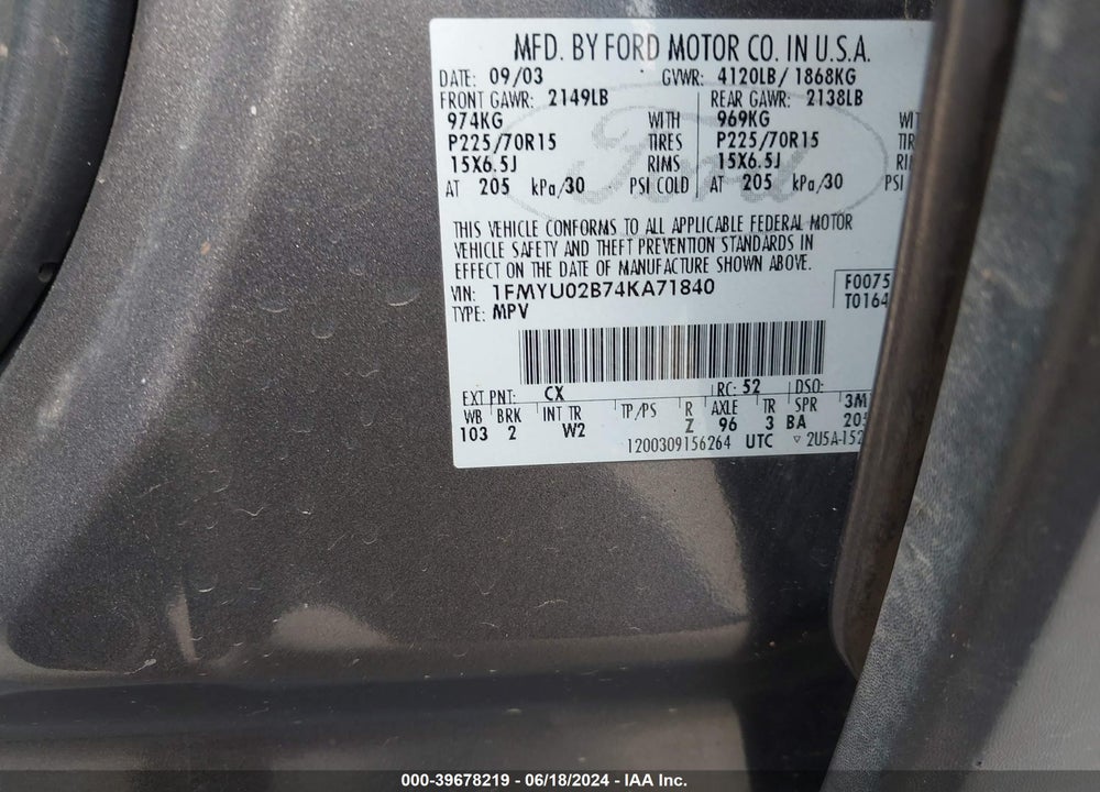 2004 FORD ESCAPE XLS VIN: 1FMYU02B74KA71840