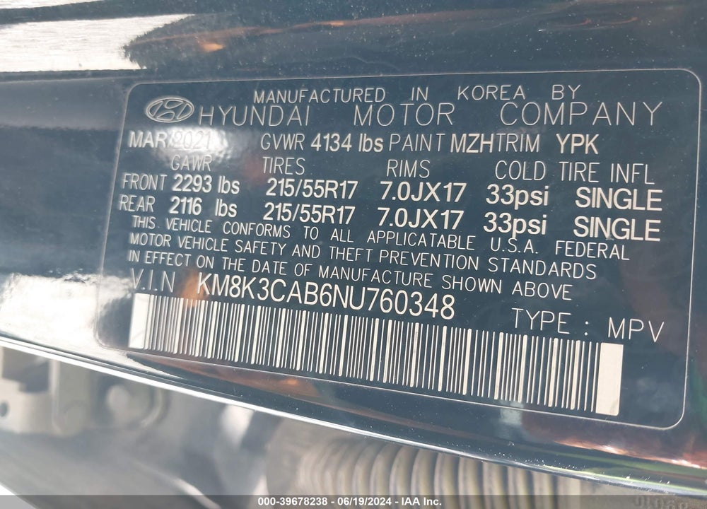 2022 HYUNDAI KONA VIN: KM8K3CAB6NU760348