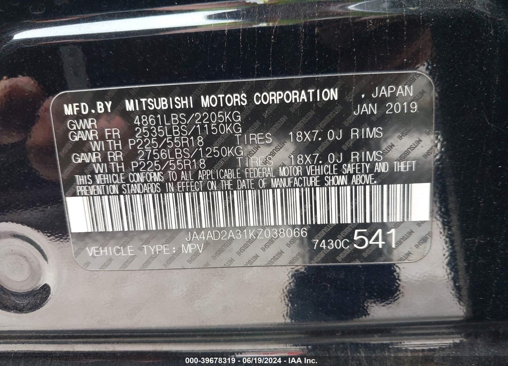 2019 MITSUBISHI OUTLANDER ES VIN: JA4AD2A31KZ038066
