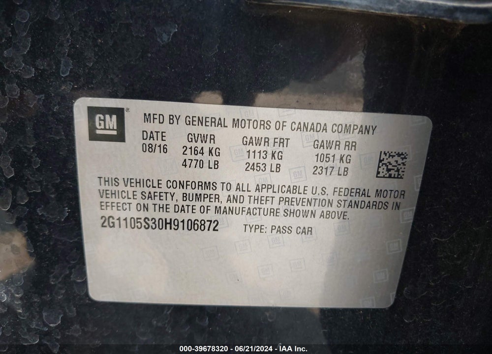 2017 CHEVROLET IMPALA 1LT VIN: 2G1105S30H9106872