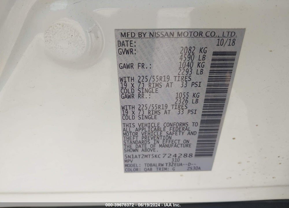 2019 NISSAN ROGUE SL VIN: 5N1AT2MT5KC724288