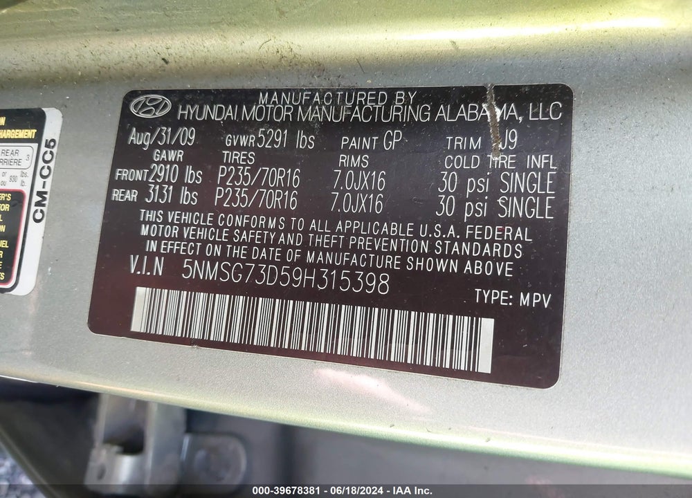 2009 HYUNDAI SANTA FE GLS VIN: 5NMSG73D59H315398