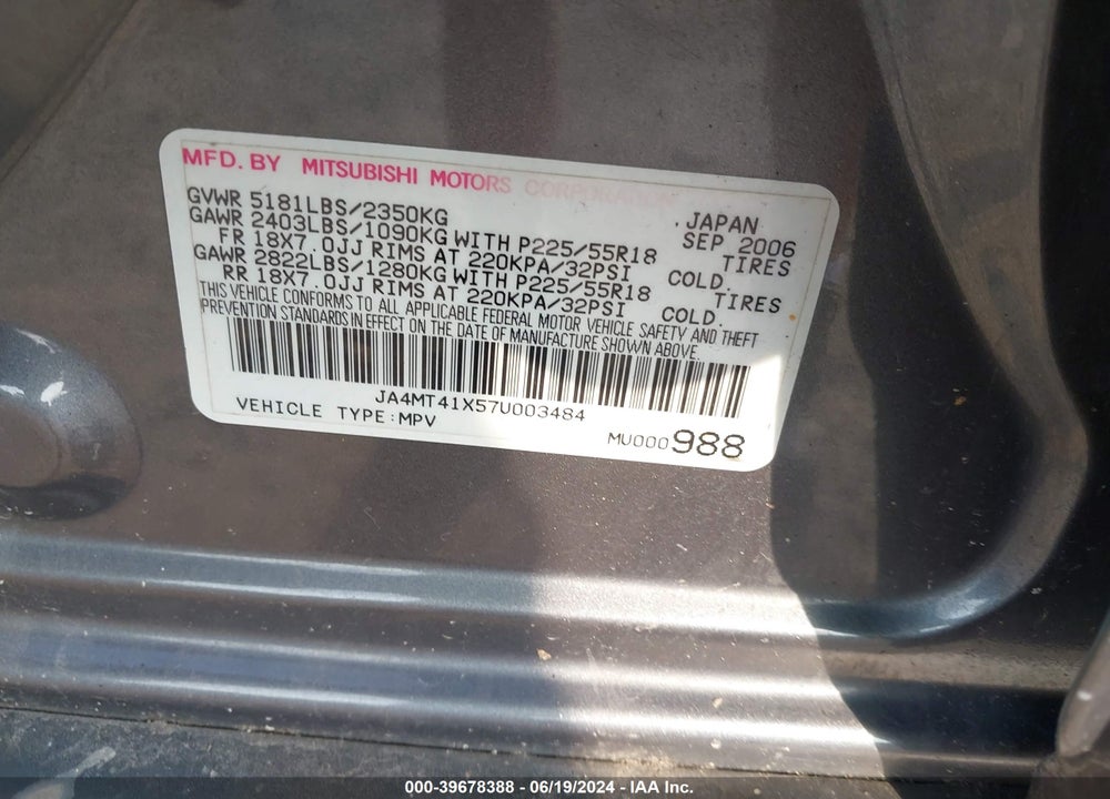 2007 MITSUBISHI OUTLANDER XLS VIN: JA4MT41X57U003484