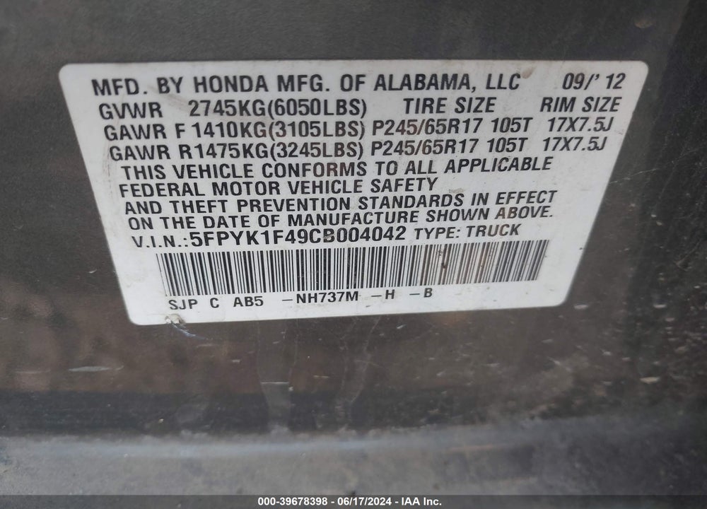 2012 HONDA RIDGELINE RTS VIN: 5FPYK1F49CB004042