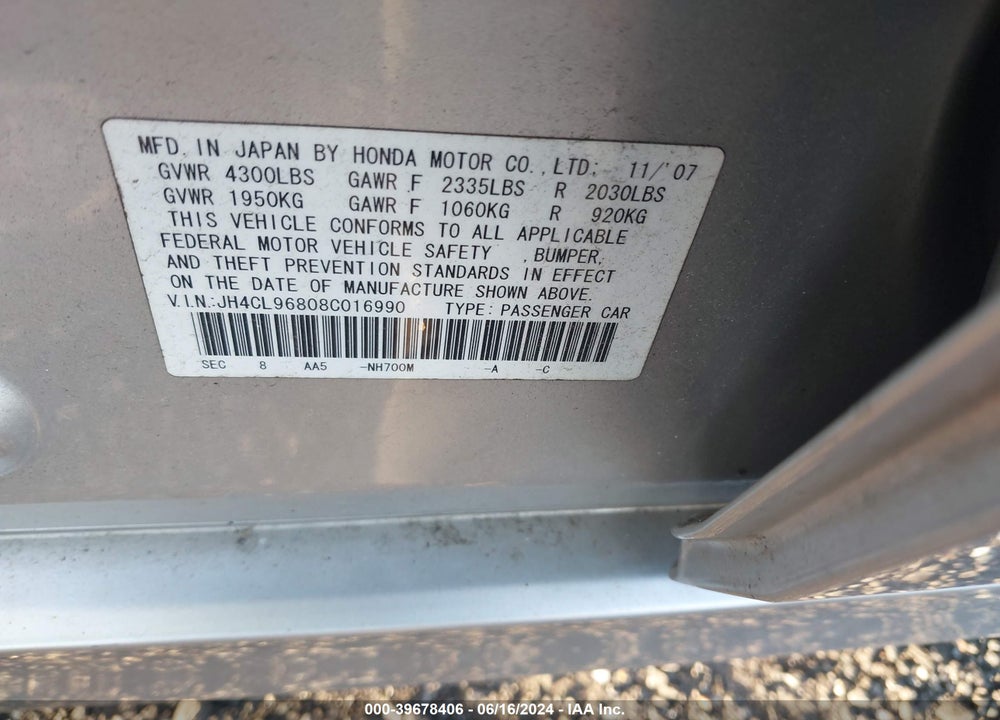 2008 ACURA TSX VIN: JH4CL96808C016990