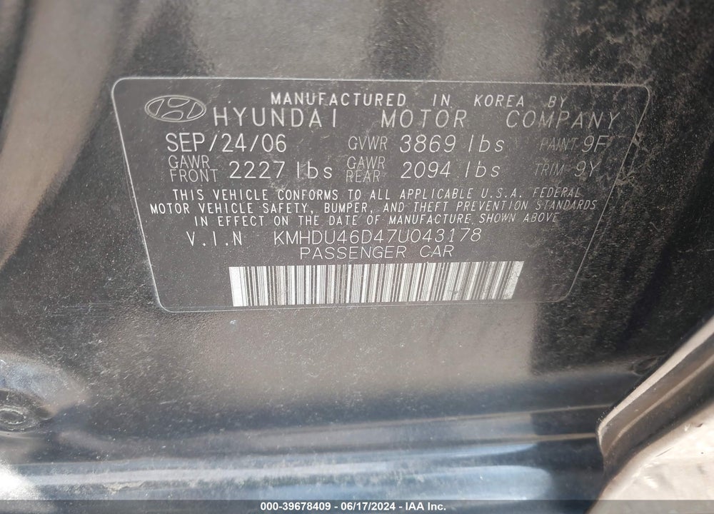 2007 HYUNDAI ELANTRA GLS/LIMITED/SE VIN: KMHDU46D47U043178