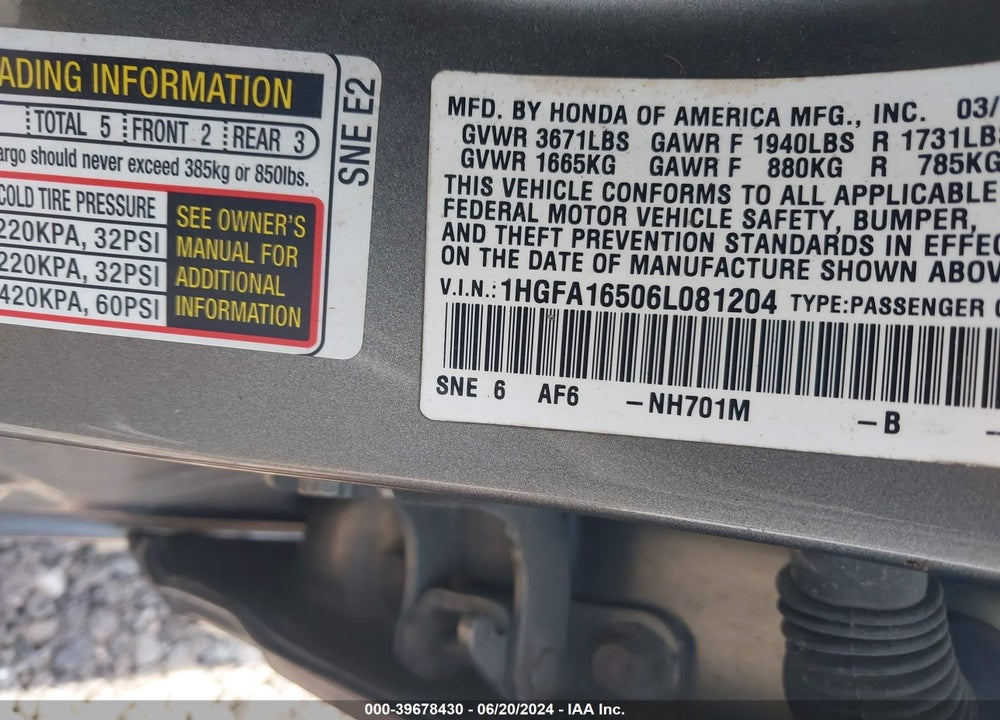 2006 HONDA CIVIC LX VIN: 1HGFA16506L081204