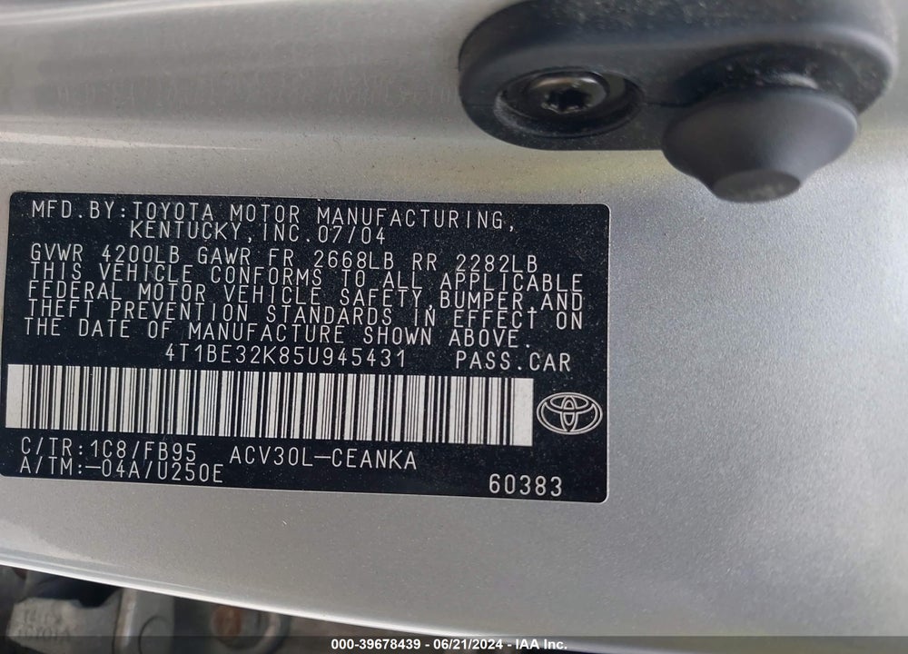 2005 TOYOTA CAMRY LE VIN: 4T1BE32K85U945431