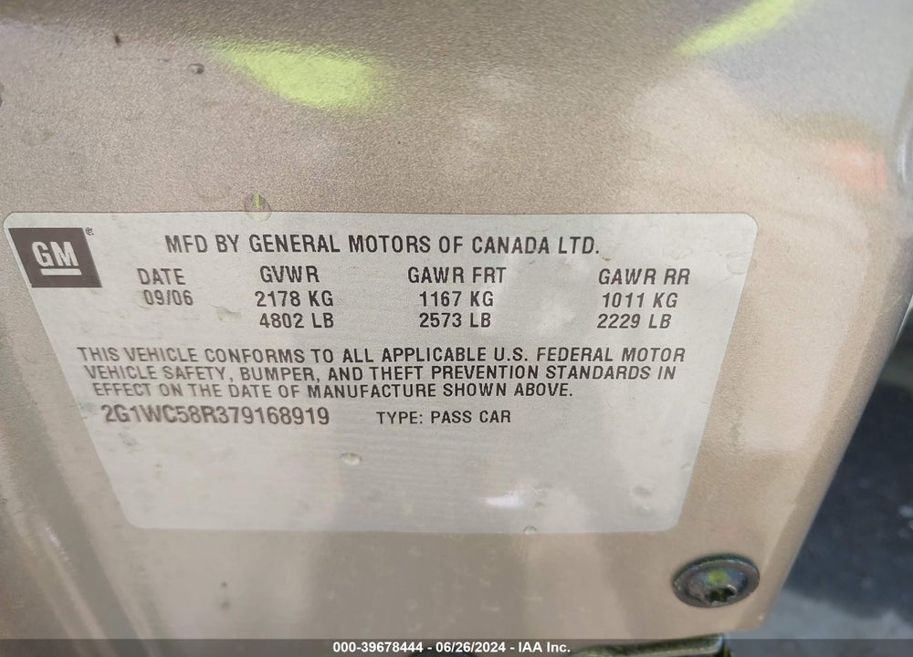 2007 CHEVROLET IMPALA LT VIN: 2G1WC58R379168919