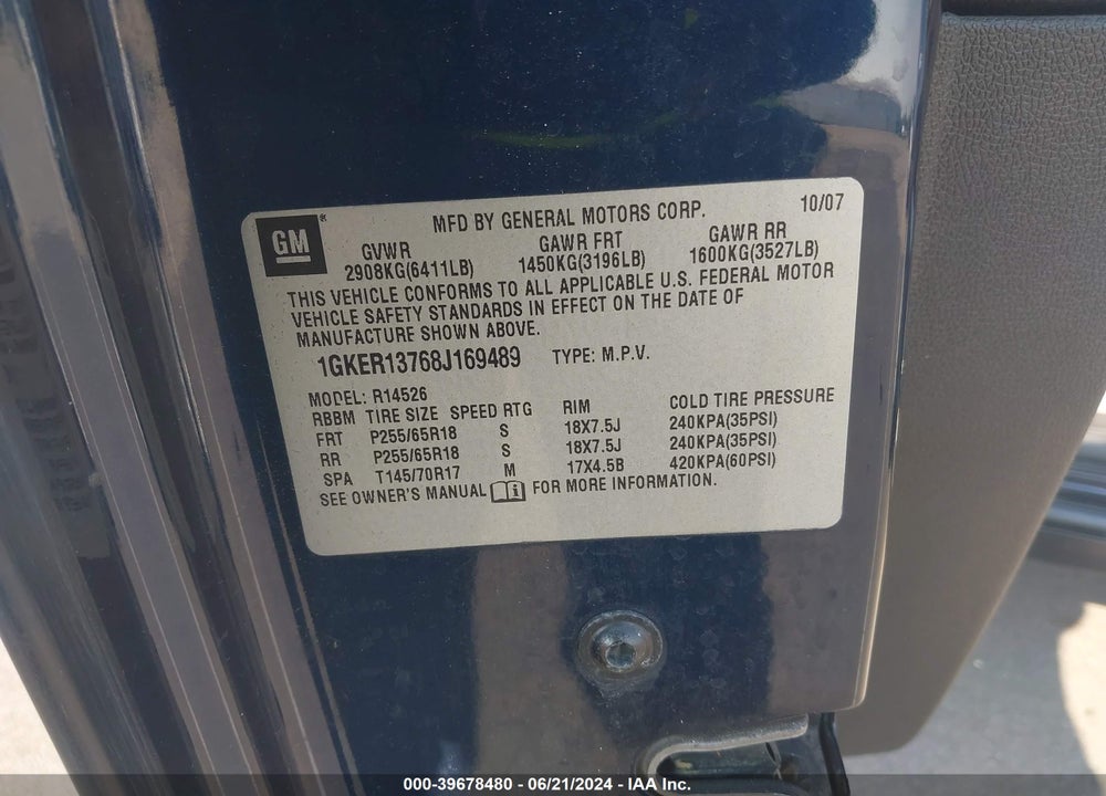 2008 GMC ACADIA SLE-1 VIN: 1GKER13768J169489