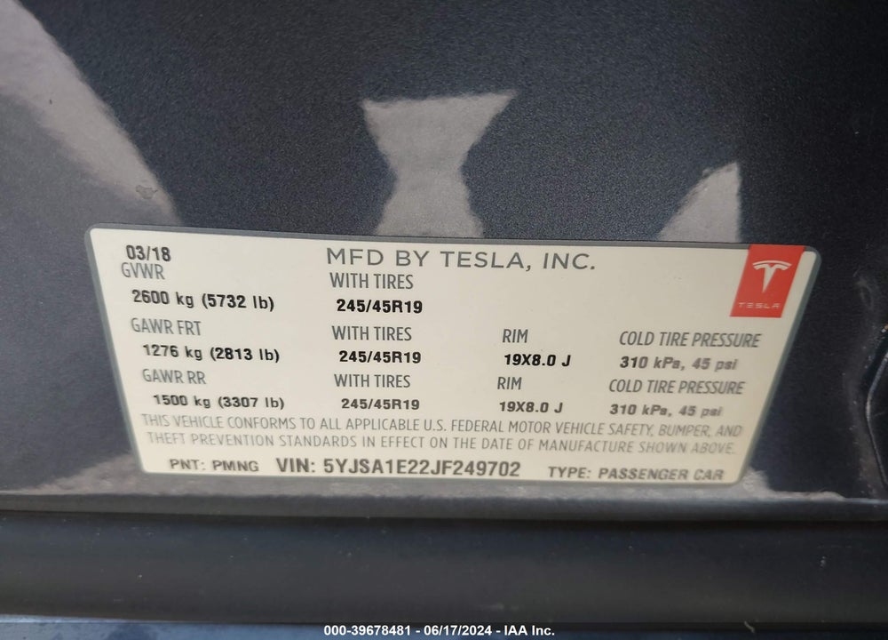 2018 TESLA MODEL S 100D/75D/P100D VIN: 5YJSA1E22JF249702